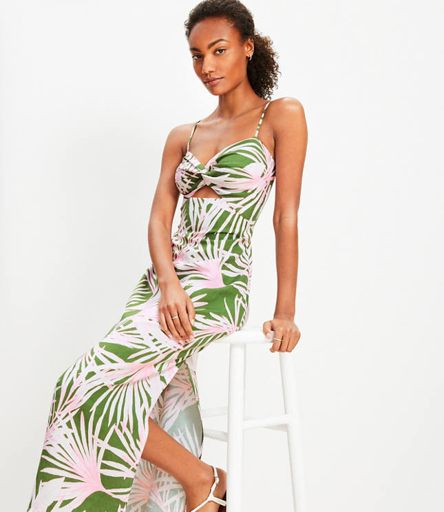 LOFT Beach Island Frond Linen Blend Cutout Twist Midi Dress