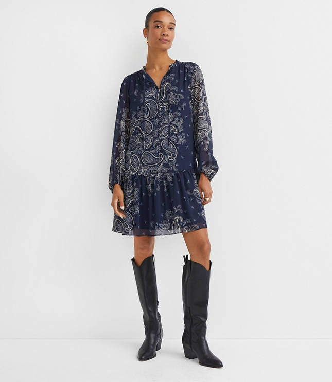 Petite Paisley Button Flounce Mini Dress