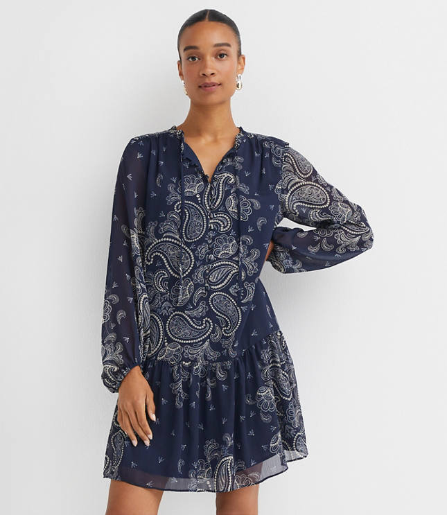 Petite Paisley Button Flounce Mini Dress