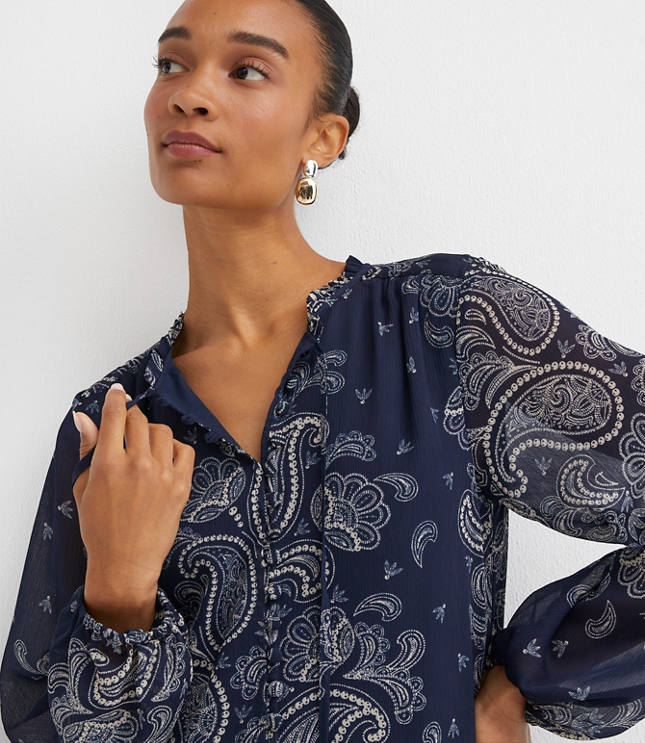 Petite Paisley Button Flounce Mini Dress