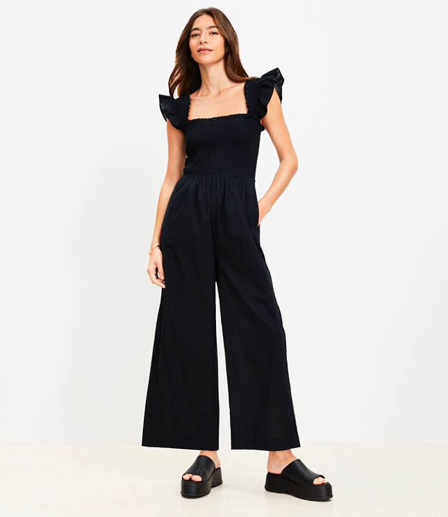 Petite LOFT Beach Smocked Ruffle Strap Jumpsuit