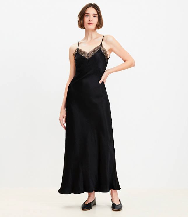 lace trim satin midi dress