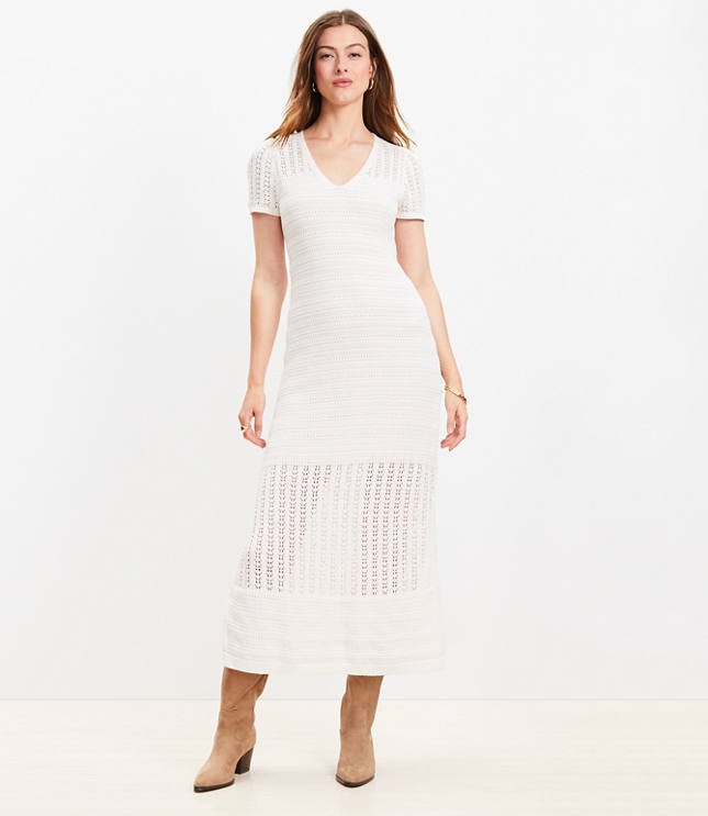 Pointelle V-Neck Midi Sweater Dress