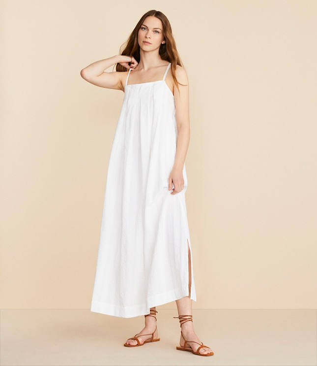 Lou & Grey Seersucker Pleated Maxi Pocket Dress