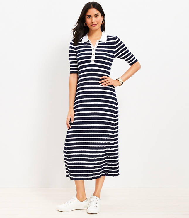 Striped Ribbed Midi Polo Dress