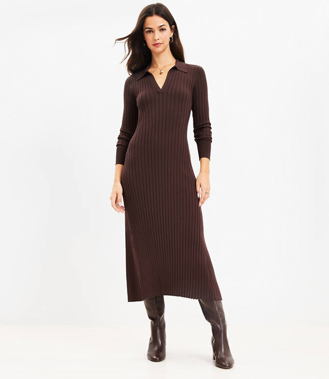 Ribbed Midi Polo Sweater Dress