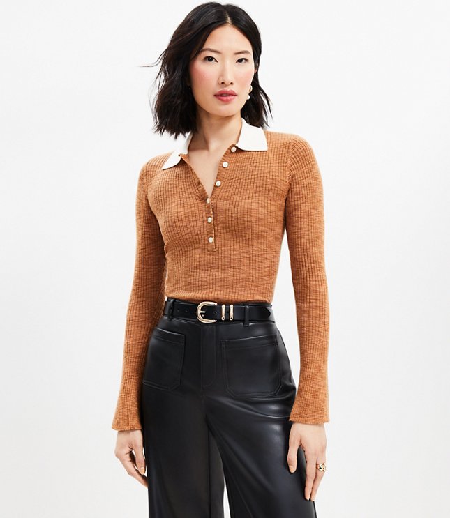 Two Tone Ribbed Polo Sweater