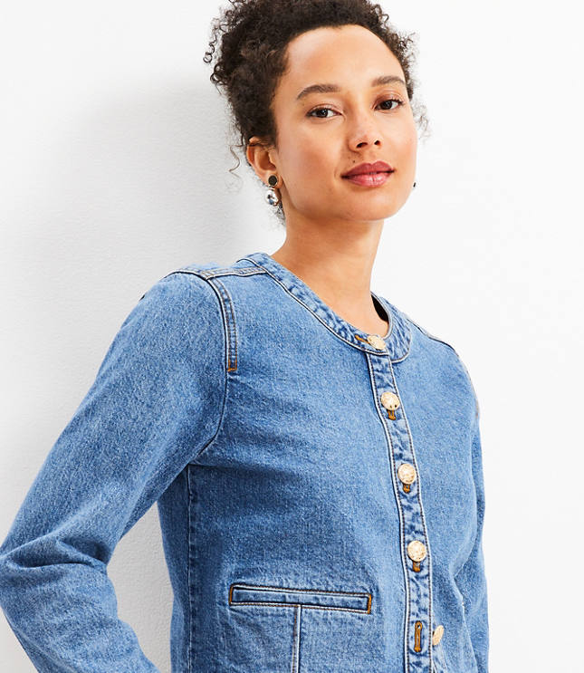 Collarless Denim Jacket in Bright Medium Stone Wash