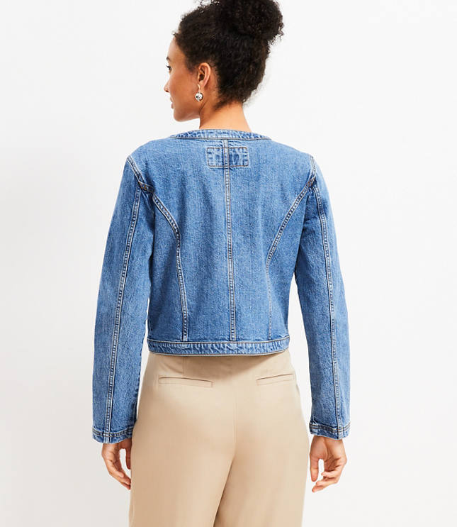 Collarless Denim Jacket in Bright Medium Stone Wash