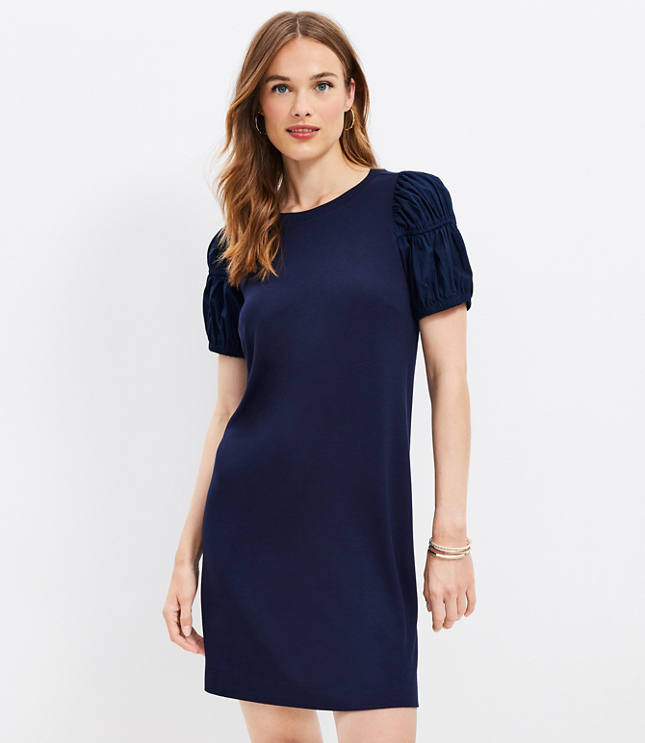 Smocked Puff Sleeve Mixed Media Dress