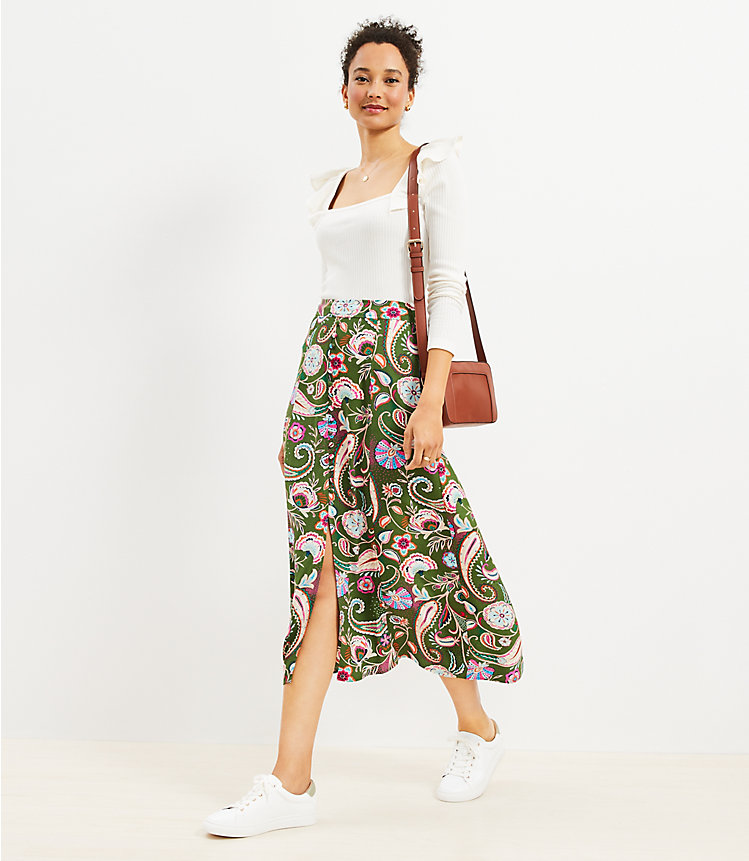 Paisley Seamed Button Midi Skirt image number 1