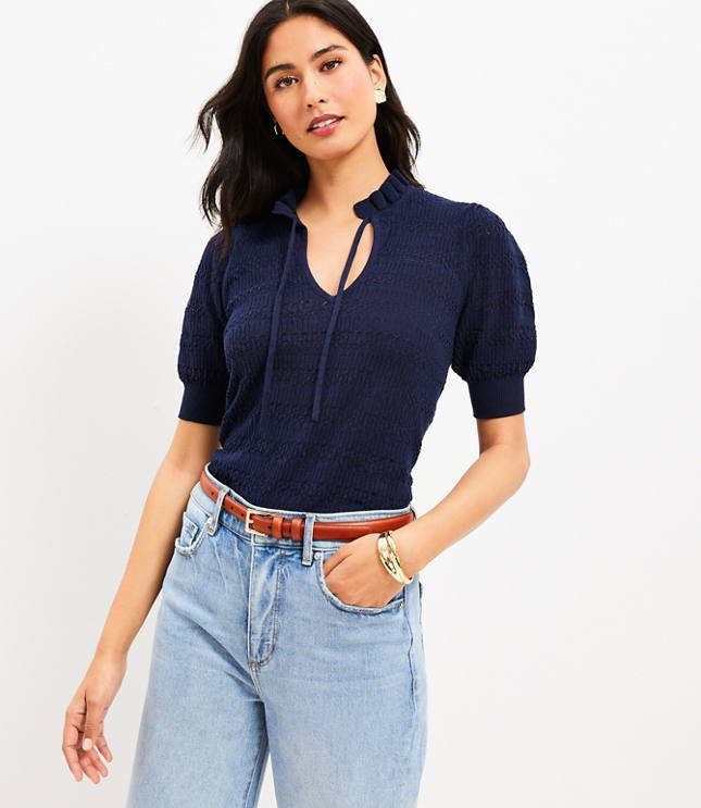 Pointelle Tie Neck Sweater Tee