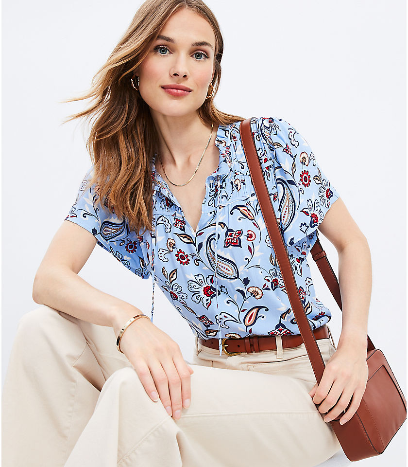 Paisley Ruched Ruffle Tie Neck Top