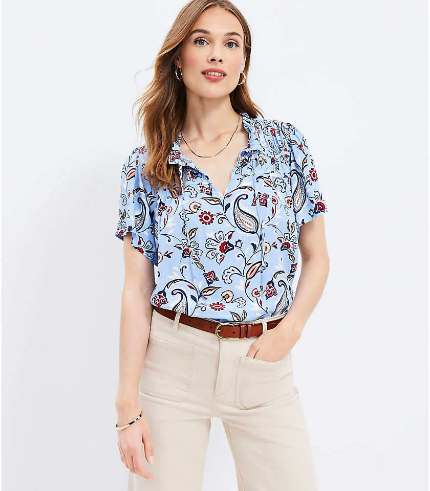 Paisley Ruched Ruffle Tie Neck Top