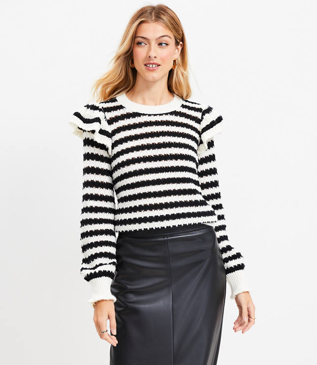 Striped Shoulder Ruffle Sweater