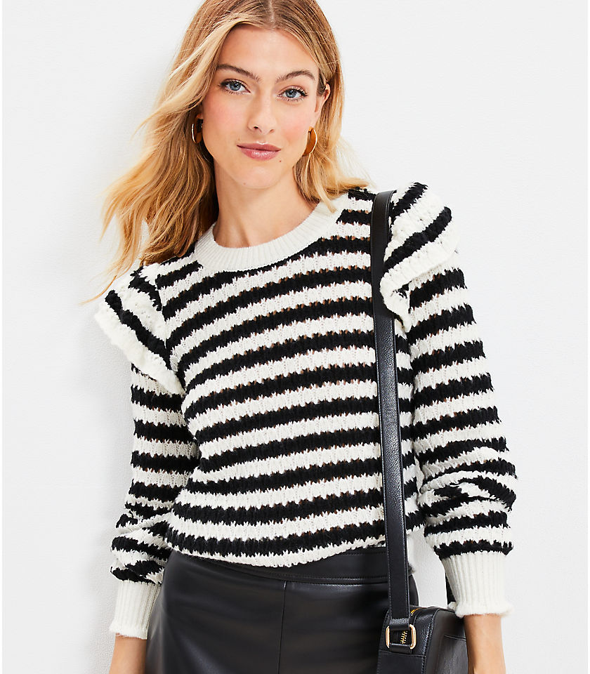 Striped Shoulder Ruffle Sweater