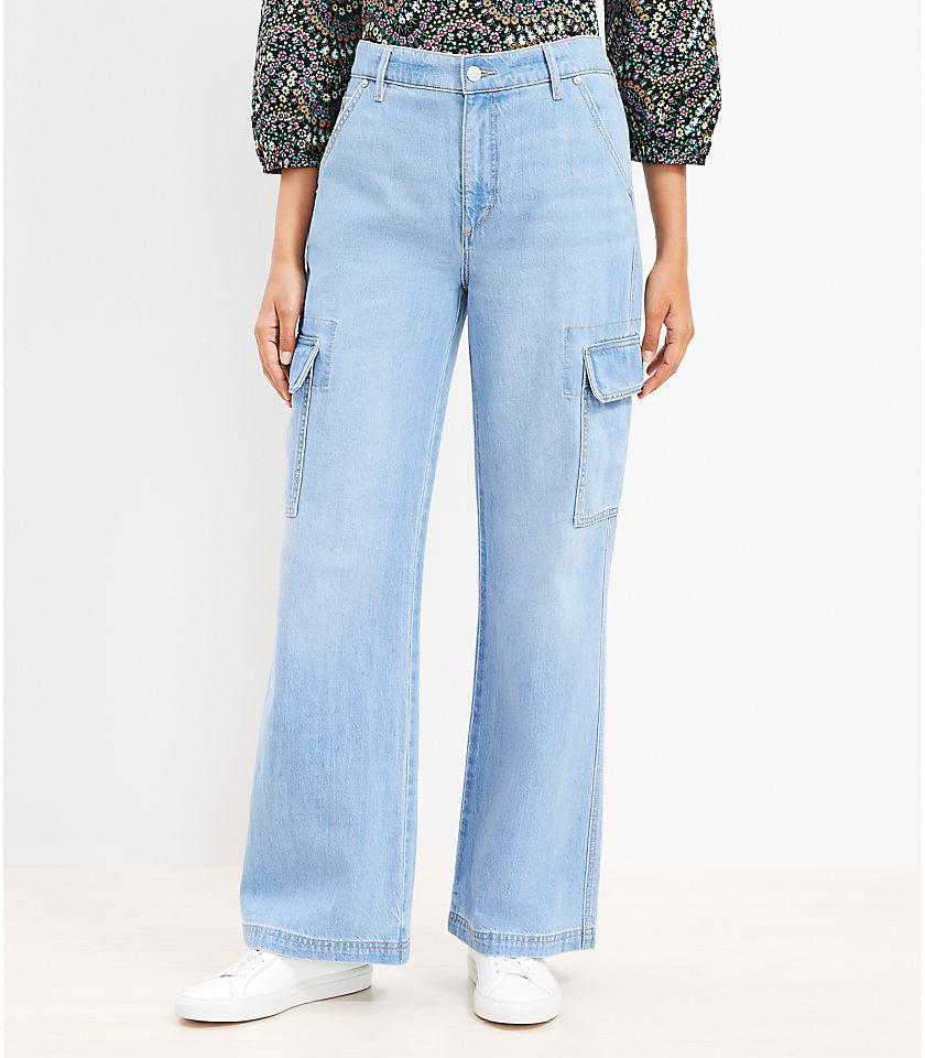 High Rise Wide Leg Utility Jeans in Light Wash