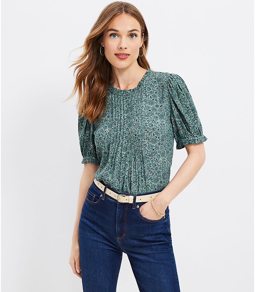 Floral Pintucked Ruffle Puff Sleeve Top