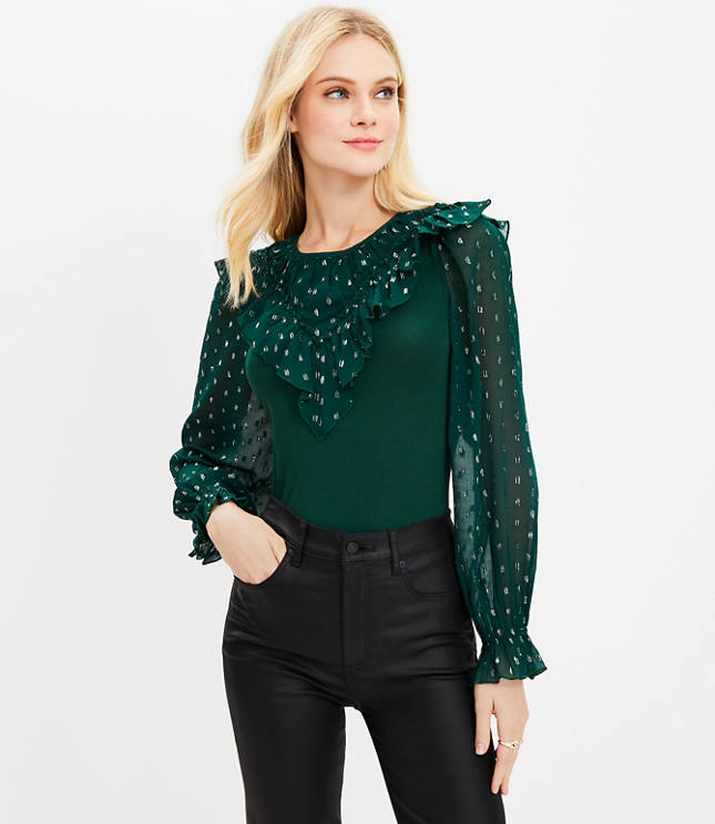 Shimmer Dotted Ruffle Yoke Mixed Media Top