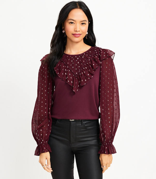 Shimmer Dotted Ruffle Yoke Mixed Media Top