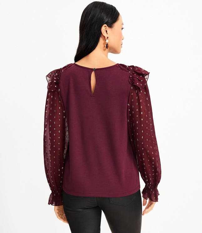 Ann Taylor Shimmer Mixed Media Ruffle Neck Blouse