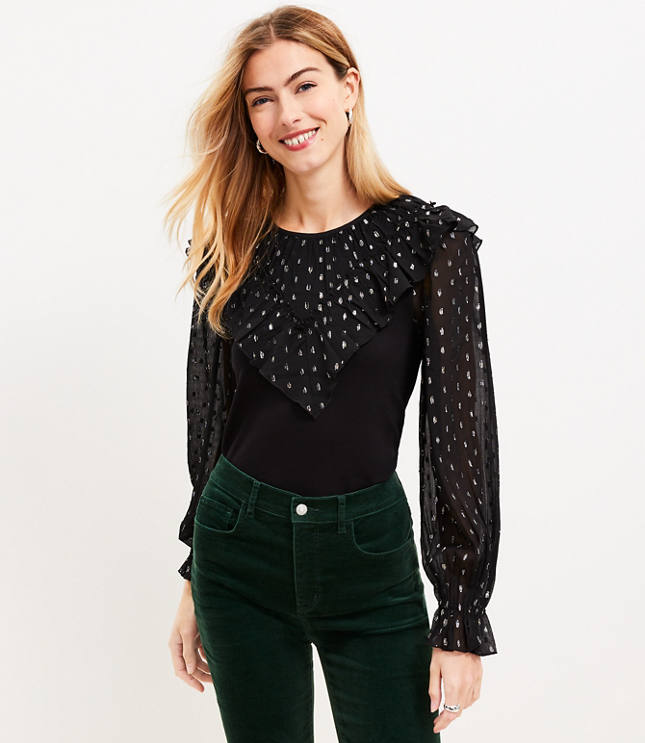 Shimmer Dotted Ruffle Yoke Mixed Media Top