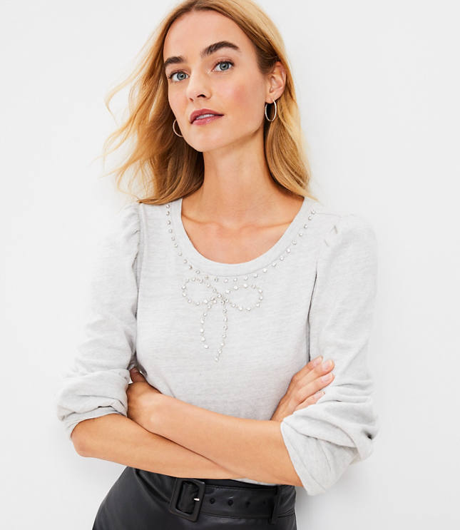 Sparkle Bow Cozy Puff Sleeve Sweatshirt