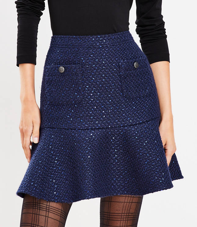 Sequin Tweed Button Pocket Flounce Skirt