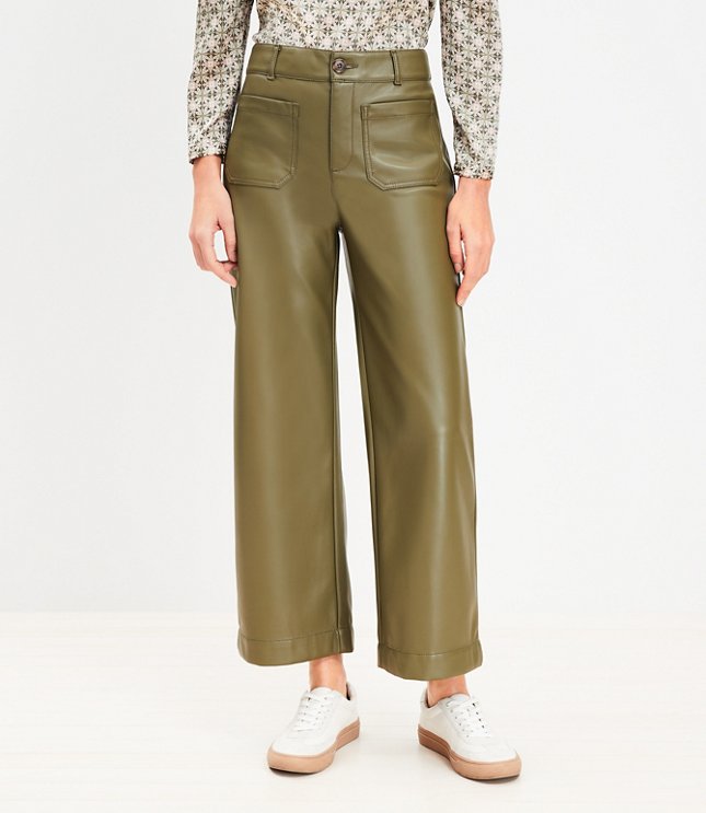 Faux Leather Crop Wide Leg Pants In Blanched Almond