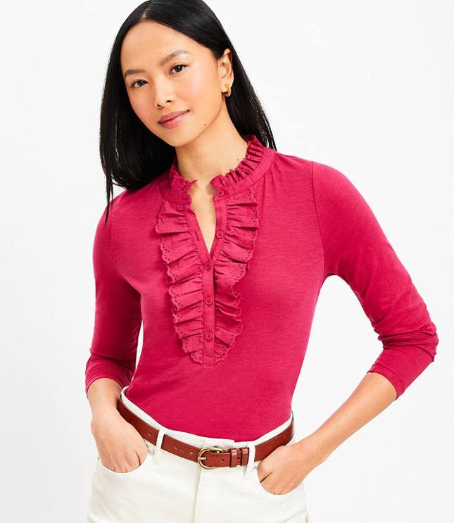 Eyelet Ruffle Henley Top