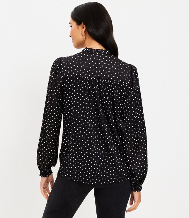 Petite Dotted Ruffle Tie Neck Mixed Media Blouse