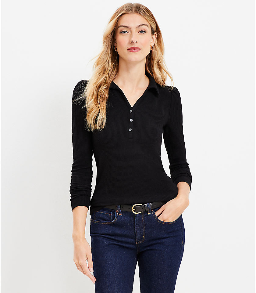 Petite Ribbed Puff Sleeve Polo Top