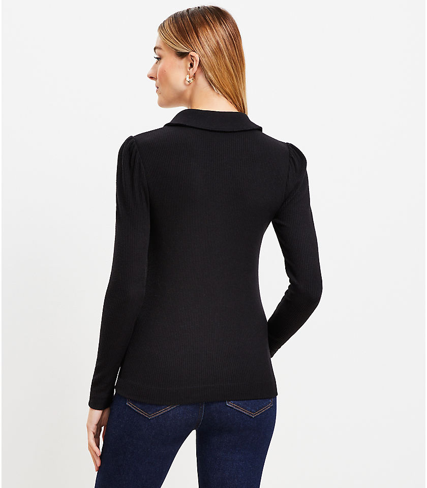 Petite Ribbed Puff Sleeve Polo Top