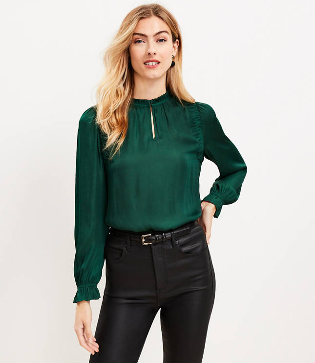 Green Paisley Print Metallic Stripe Ruffle Sleeve Blouse with Lace