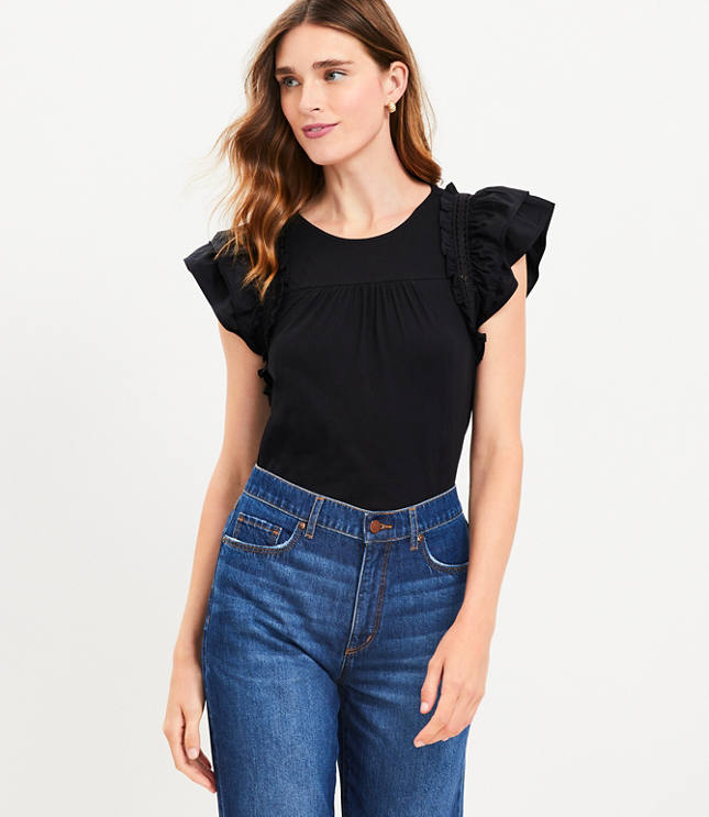 トップス MEER.  SHOULDER RUFFLE SHIRRINGTOP BLK Black Ruffle Tops | Loft