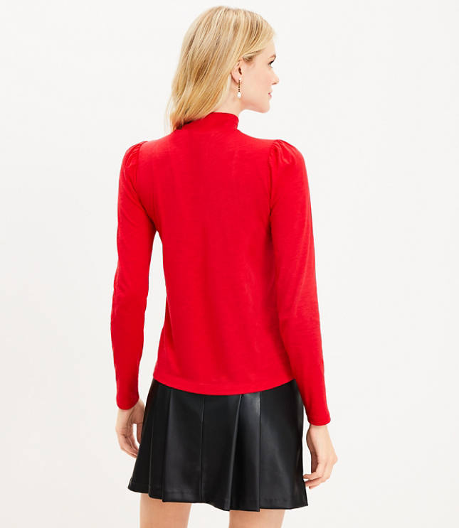 Cardinal Red Frilled Mock Neck Floral Puff Sleeve Top
