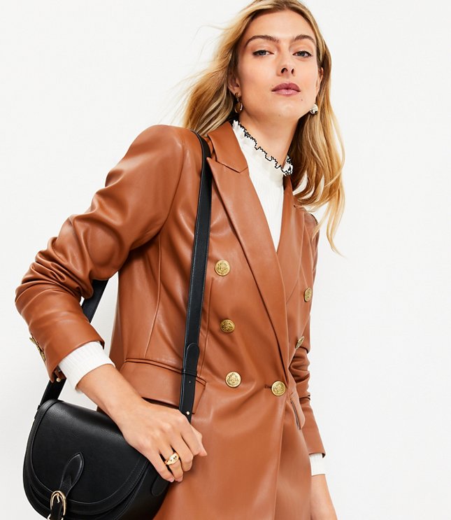 Petite Faux Leather Double Breasted Blazer
