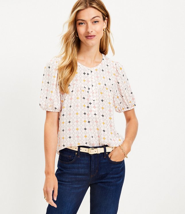 Petite Floral Angled Yoke Button Mixed Media Top