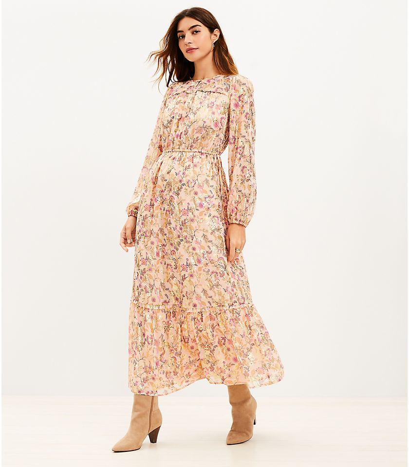 Shimmer Floral Double Tie Waist Maxi Dress