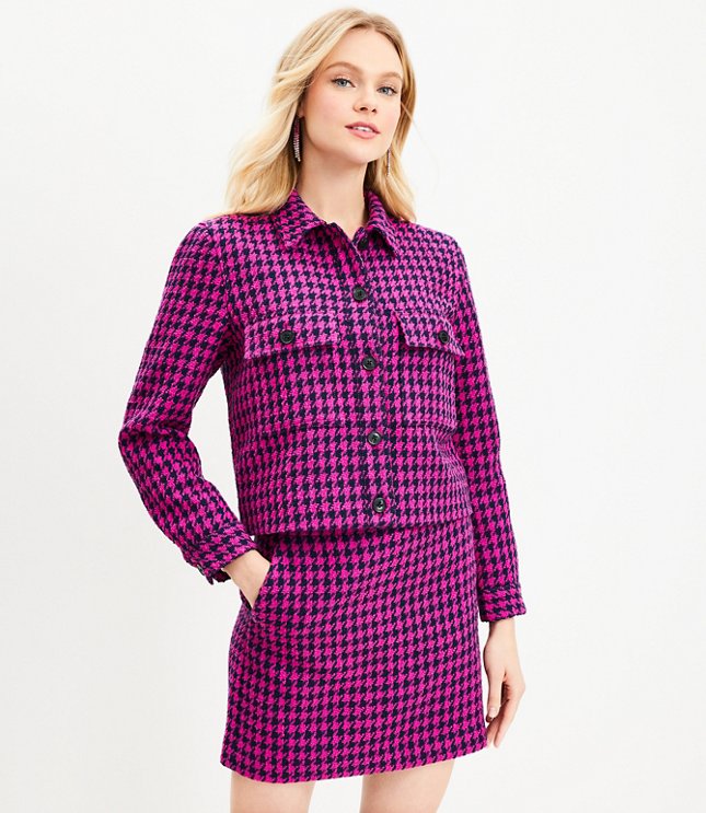 Petite Houndstooth Textured Cropped Shirt Jacket