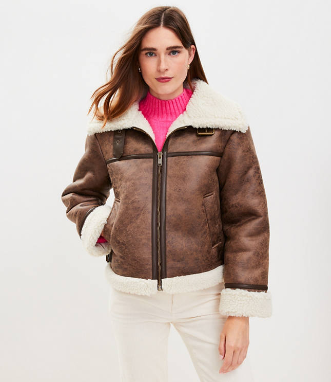 Petite Faux Fur Seam Detail Aviator Jacket