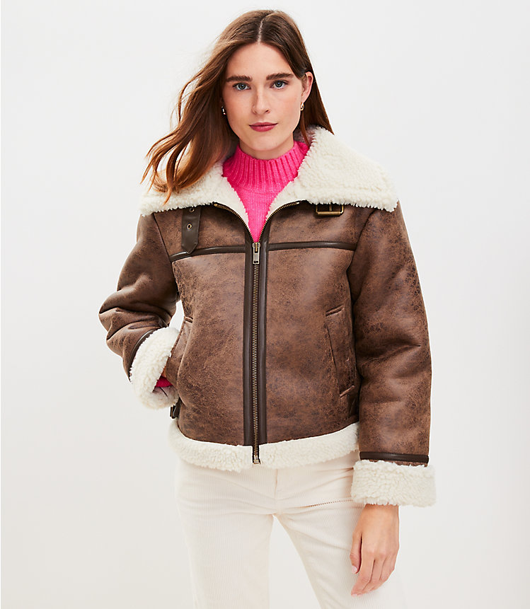 Petite Crackle Faux Suede Sherpa Aviator Jacket image number 0