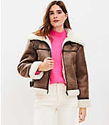 Petite Crackle Faux Suede Sherpa Aviator Jacket carousel Product Image 2