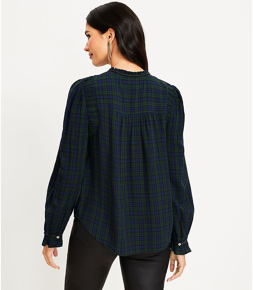 Plaid Ruched Ruffle Neck Blouse