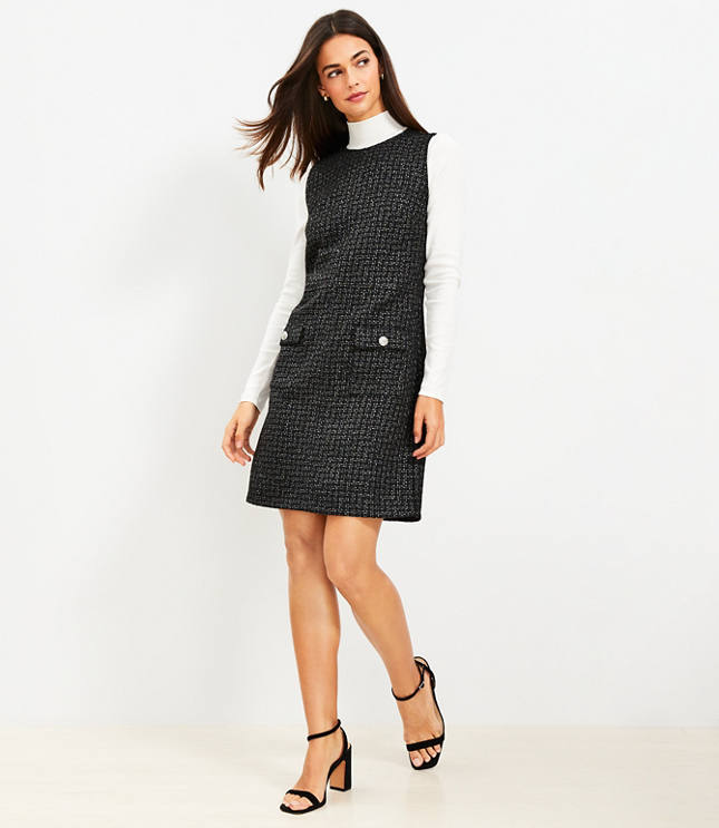 Metallic Tweed Button Pocket Dress