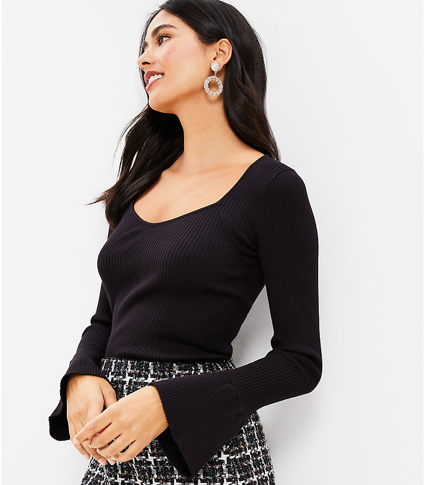 Ribbed Sweetheart Neck Flare Cuff Sweater