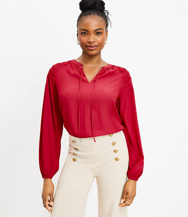 Collarless Blouse With Shirred Cuffs