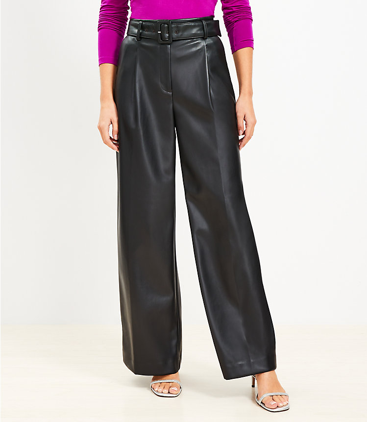 Petite Belted Wide Leg Pants in Faux Leather image number 0