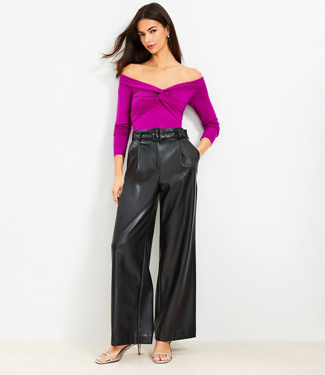 Petite Belted Wide Leg Pants in Faux Leather