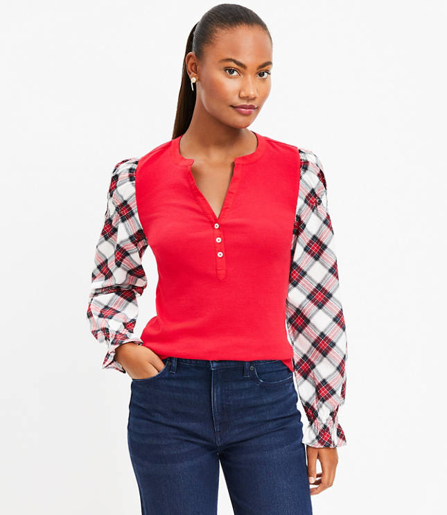 Plaid Henley Mixed Media Top